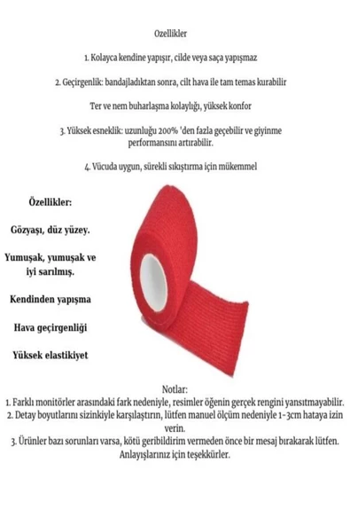 Su Gecirmez 10cm*4.5m Spor Sabitleme Parmak Bilek Bacak Kırmızıbandaj Kendinden Yapışkanlı Elastik - 2