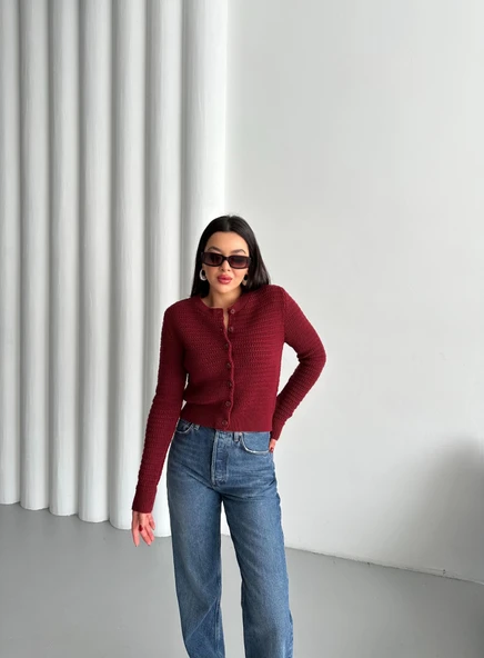 Bordo Bisiklet Yaka Örme Basic Hırka - 4