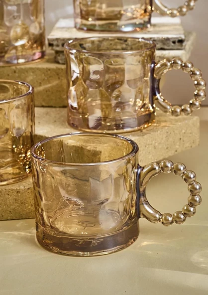 6lı Cam Fincan Seti - Boncuklu Kulp Çay Bardağı Takımı - 100 ML - Taş Desen - 3