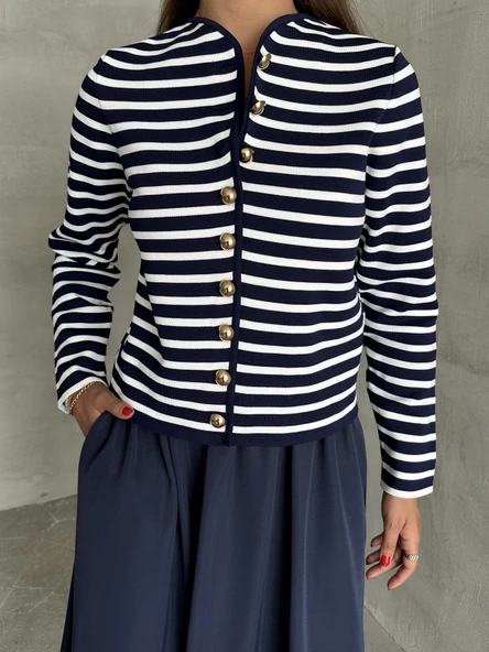 Lacivert-Ekru Yakasız Çizgi Desenli Gold Düğmeli Hırka - Resim 2