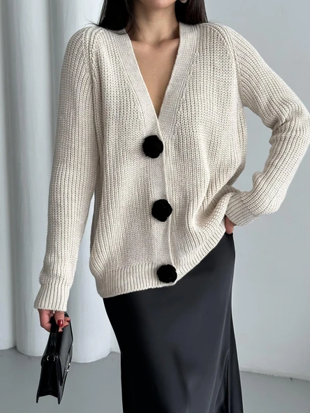 Taş Premium Çiçek Düğmeli Hırka - Resim 3