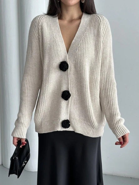 Taş Premium Çiçek Düğmeli Hırka - Resim 2