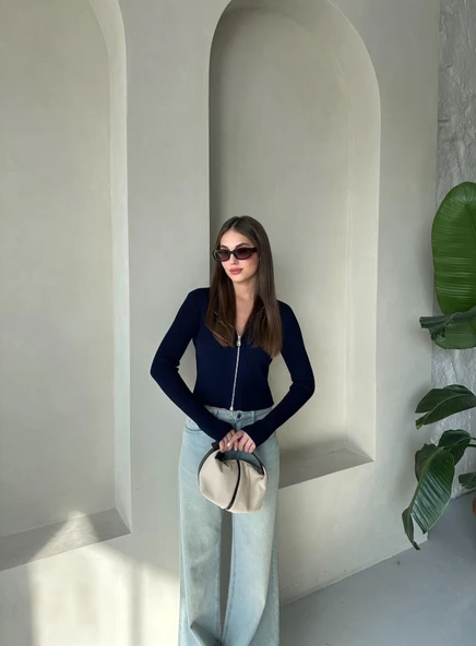 Lacivert Çift Fermuarlı El Geçme Detaylı Ayarlanabilir Hırka - Resim 4