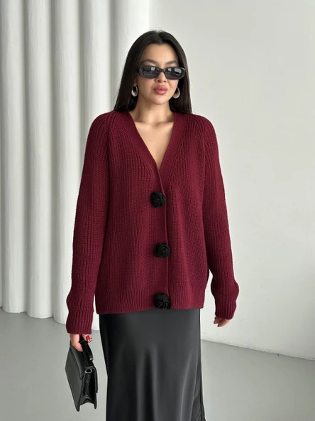 Bordo Premium Çiçek Düğmeli Hırka