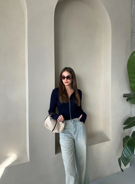 Lacivert Çift Fermuarlı El Geçme Detaylı Ayarlanabilir Hırka - Resim 7