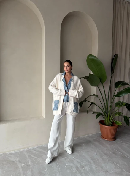 Krem Denim Detaylı Cepli Triko Hırka - 9