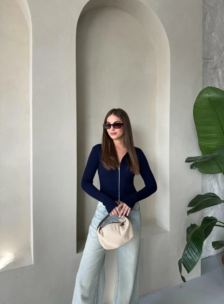 Lacivert Çift Fermuarlı El Geçme Detaylı Ayarlanabilir Hırka - Resim 6