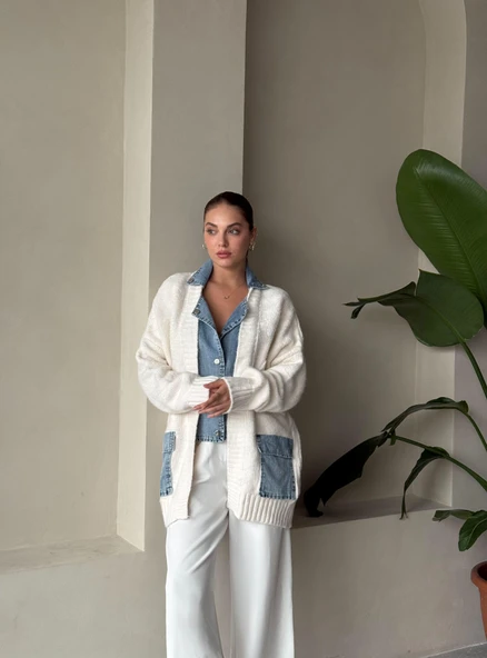 Krem Denim Detaylı Cepli Triko Hırka - 5