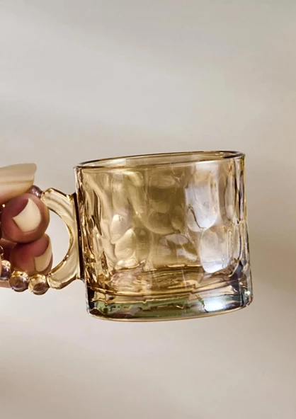 6lı Cam Fincan Seti - Boncuklu Kulp Çay Bardağı Takımı - 100 ML - Taş Desen - 4