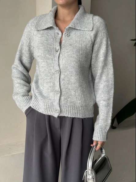Gri Taşlı Fiyonk Düğmeli Hırka - 3