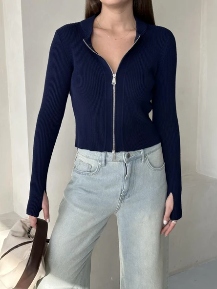 Lacivert Çift Fermuarlı El Geçme Detaylı Ayarlanabilir Hırka - Resim 3