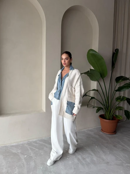 Krem Denim Detaylı Cepli Triko Hırka - 6