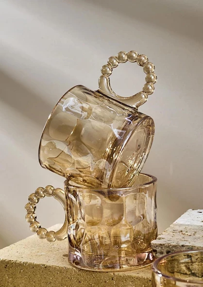 6lı Cam Fincan Seti - Boncuklu Kulp Çay Bardağı Takımı - 100 ML - Taş Desen - 2