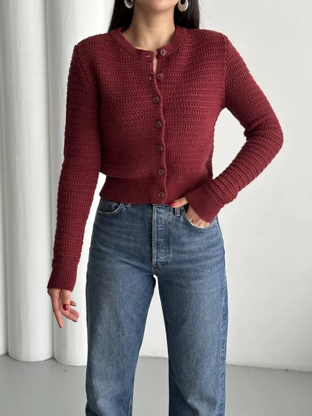 Bordo Bisiklet Yaka Örme Basic Hırka - 2