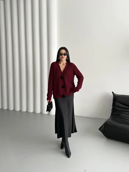 Bordo Premium Çiçek Düğmeli Hırka - 6