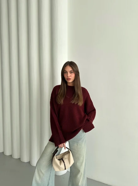 Bordo Düz Basic Kalın Kazak - 5