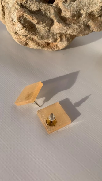 Sedefli Turuncu Renkli Büyük Kare Şekil Gold Aksesuarlı Epoksi Küpe El Yapımı Hediyelik - Resim 8