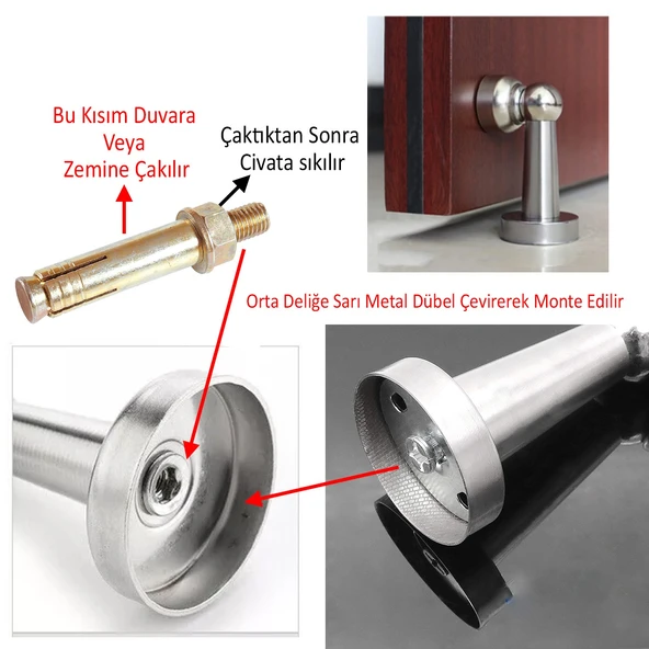 Mıknatıslı Ayaklı Metal Kapı Tutucu Çarpma Önleyici Durdurucu Stoper Vidalı Tampon Krom 1 Adet - Resim 4