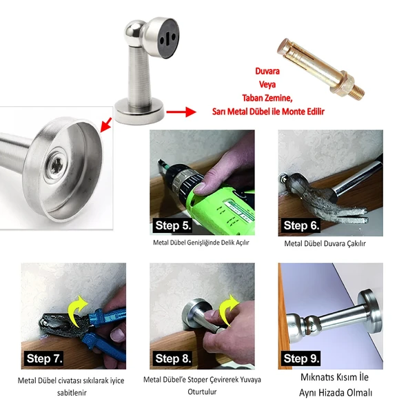 Mıknatıslı Ayaklı Metal Kapı Tutucu Çarpma Önleyici Durdurucu Stoper Vidalı Tampon Krom 1 Adet - Resim 3