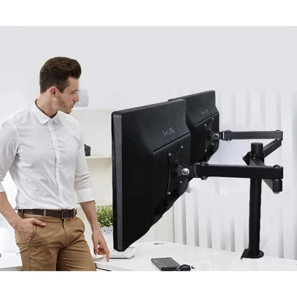 Monozone 2li Çift Kol Monitör Tutucu Led Tv Full Hareketli Çelik Masa Tutucu 17-32inç LCD Masaüstü Standı Desteği ürün görseli