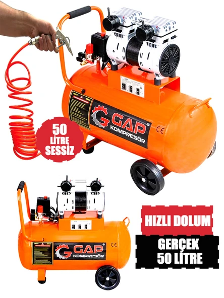 Rowermax Gap Bakır Sargı Motor Gerçek 50 LT Süper Sessiz Yağsız Hava Kompresörü Seti - 2