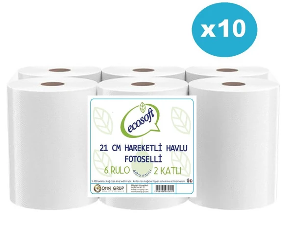 Ecosoft 10 Koli 21cm Fotoselli Hareketli Kağıt Havlu 60 Rulo