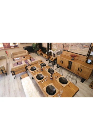 NT Concept Ntconcept Masif Ağaç Yemek Masası Takımı(85cm-210cm Masa+210cm Bank+6 Sandalye) - Resim 4