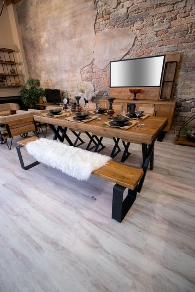 NT Concept Masif Ağaç Yemek Masası Takımı- 85cm-200cm Masa+200cm Bank+5 Adet Loft Sandalye - Resim 3