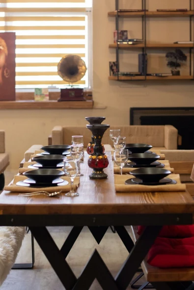 NT Concept Masif Ağaç Yemek Masası Takımı- 85cm-200cm Masa+200cm Bank+5 Adet Loft Sandalye - Resim 7