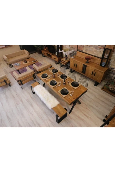 NT Concept Ntconcept Masif Ağaç Yemek Masası Takımı(85cm-210cm Masa+210cm Bank+6 Sandalye) - Resim 2