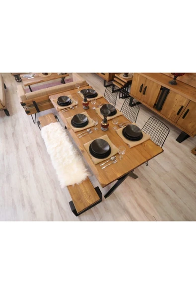 NT Concept Ntconcept Masif Ağaç Mutfak Masası(85cm-150cm Masa+150cm Bank+2 Sandalye) - Resim 4