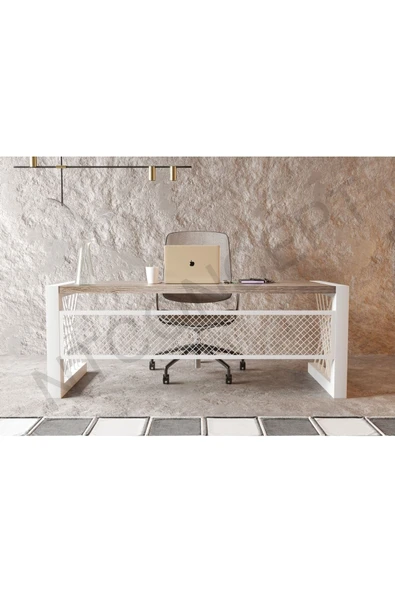 NT Concept Alfa Eskitme Beyaz Renk Masif Ahşap Ofis Ve Çalışma Masası 75 cm-180 cm