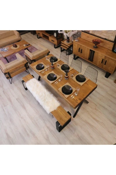 NT Concept Ntconcept Masif Ağaç Mutfak Yemek Masası Takımı(85cm-125cm Masa+125cm Bank+2 Sandalye) - 3