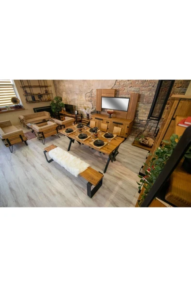 NT Concept Ntconcept Masif Ağaç Yemek Masası Takımı- 85cm-210cm Masa+210cm Bank+5 Adet Loft Sandalye - Resim 5