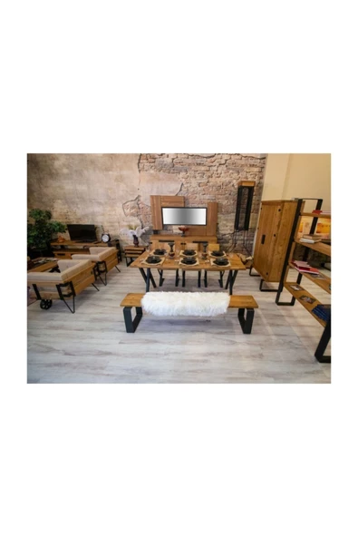 NT Concept Ntconcept Masif Ağaç Yemek Masası Takımı - 85cm-125cm Masa+125cm Bank+4 Adet Loft Sandalye - 5
