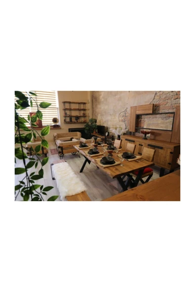 NT Concept Ntconcept Masif Ağaç Yemek Masası Takımı- 85cm-150cm Masa+150cm Bank+2 Adet Loft Sandalye - Resim 3