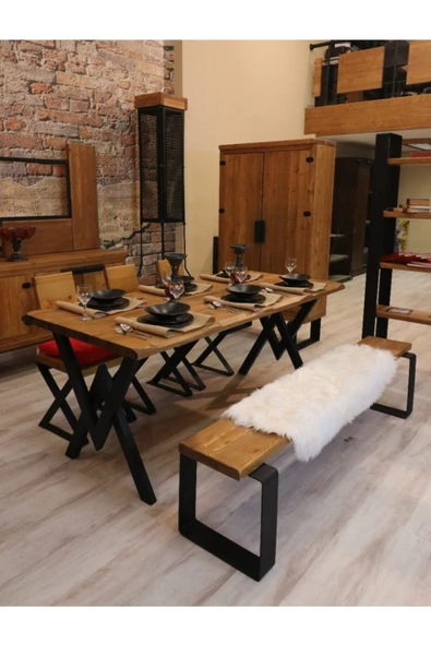NT Concept Ntconcept Masif Ağaç Yemek Masası Takımı- 85cm-125cm Masa+125cm Bank+4 Adet Loft Sandalye - 3