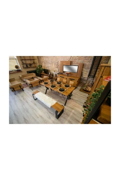 NT Concept Ntconcept Masif Ağaç Yemek Masası Takımı - 85cm-125cm Masa+125cm Bank+4 Adet Loft Sandalye - 4