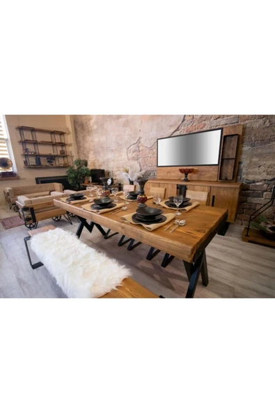 NT Concept Masif Ağaç Yemek Masası Takımı- 85 cm-150 cm Masa+150 cm Bank+4 Adet Loft Sandalye - Resim 4
