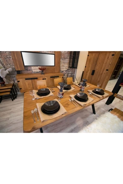 NT Concept Ntconcept Masif Ağaç Yemek Masası Takımı- 85cm-210cm Masa+210cm Bank+5 Adet Loft Sandalye - Resim 7