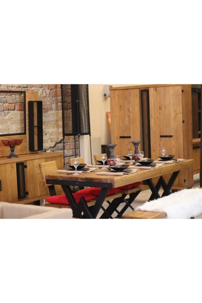 NT Concept Ntconcept Masif Ağaç Yemek Masası Takımı- 100cm-210cm Masa+210cm Bank+4 Adet Loft Sandalye