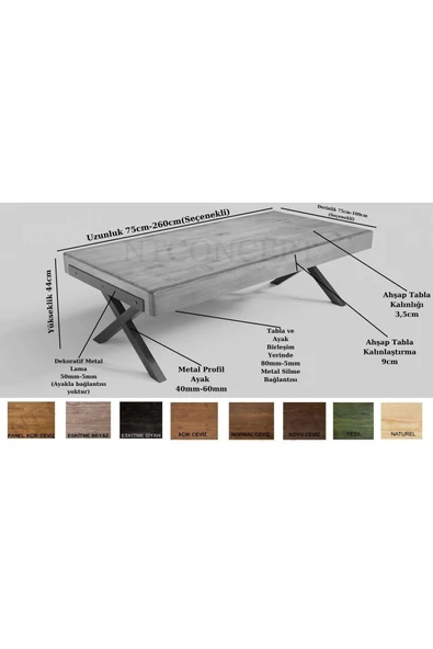 NT Concept Ntconcept Doi X Ayak Masif Ahşap Sehpa(75cm-120cm-h44cm) - 3