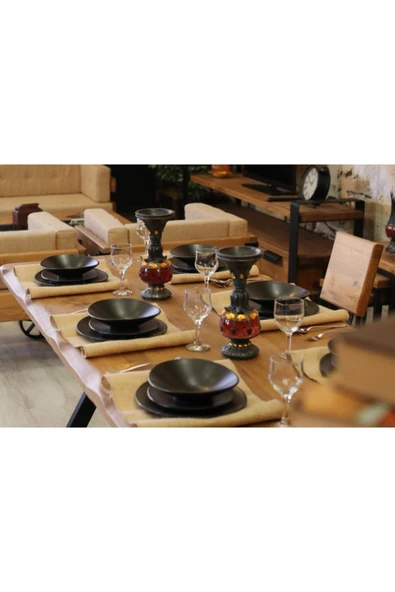 NT Concept Masif Ağaç Yemek Masası Takımı- 85cm-210cm Masa+210cm Bank+5 Adet Loft Sandalye - 8
