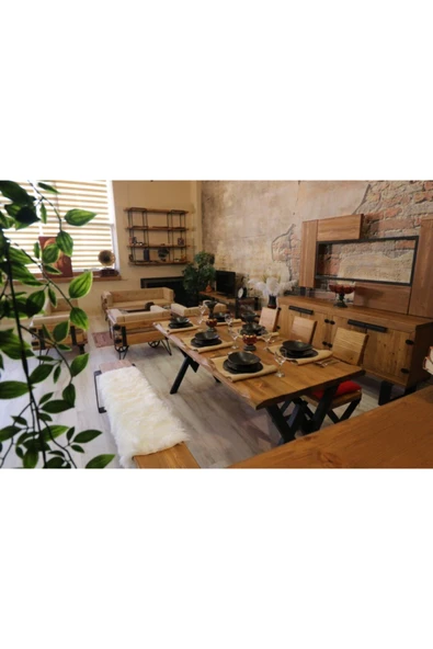 NT Concept Ntconcept Masif Ağaç Yemek Masası Takımı- 85cm-210cm Masa+210cm Bank+5 Adet Loft Sandalye - Resim 4