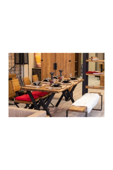 NT Concept Ntconcept Masif Ağaç Yemek Masası Takımı- 85cm-150cm Masa+150cm Bank+2 Adet Loft Sandalye
