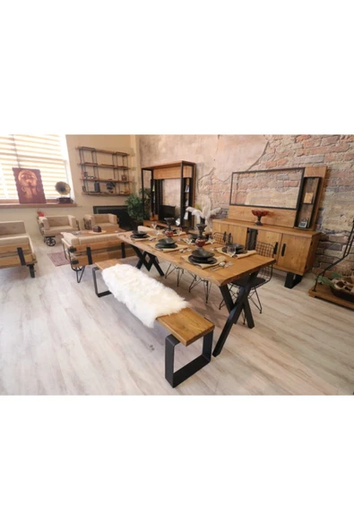 NT Concept Ntconcept Masif Ağaç Yemek Masası Takımı - 85cm-150cm Masa 150cmbank 4 Adet Tel Sandalye - 7