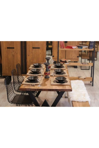 NT Concept Ntconcept Masif Ağaç Yemek Masası Takımı - 85cm-185cm Masa 185cmbank 5 Adet Tel Sandalye - Resim 3