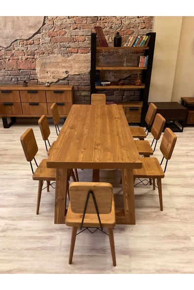 NTCollection Ntconcept Farmhouse Doğal Ahşap Masif Yemek Masa Takımı 80x220cm 8 Adet Sandalye - 3