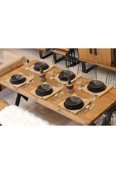 NT Concept Ntconcept Masif Ağaç Yemek Masası Takımı - 85cm-210cm Masa +210cm Bank+ 6 Adet Sandalye - Resim 4