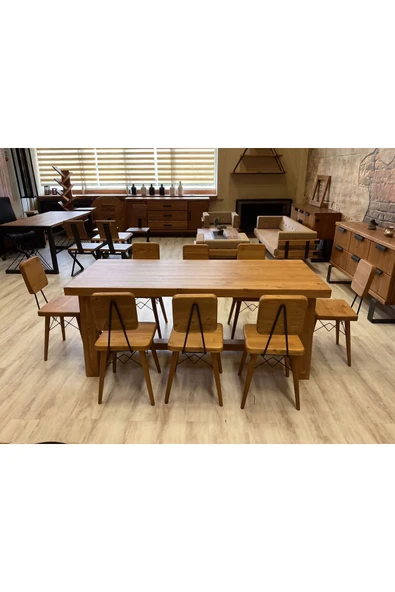 NTCollection Ntconcept Farmhouse Doğal Ahşap Masif Yemek Masa Takımı 80x220cm 8 Adet Sandalye - 2